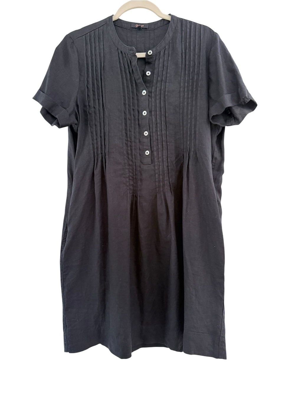 Quince Black Short-Sleeve Pintuck Shift Dress